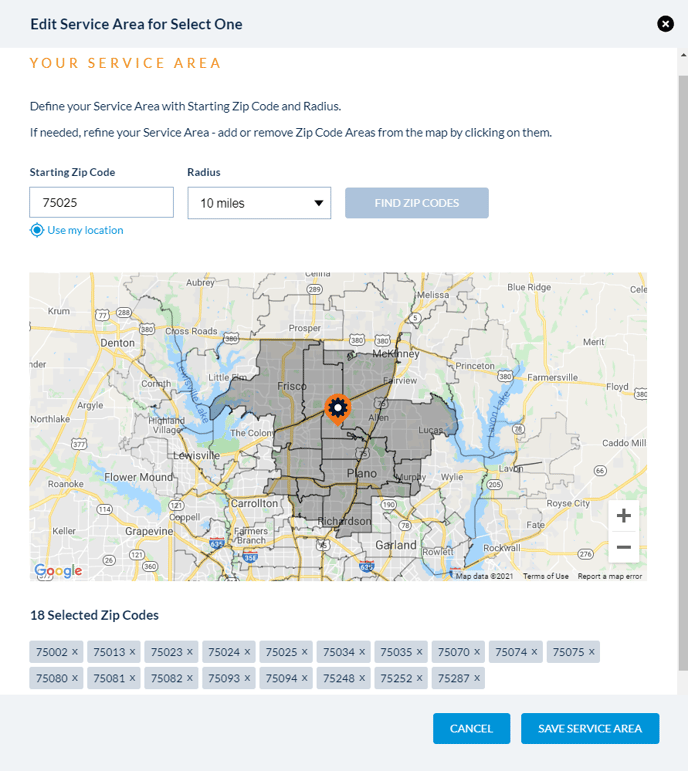 Service Area Map Modal Pop Up