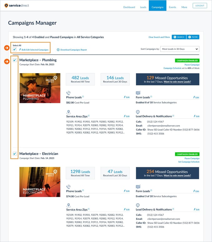mySD Campaigns Manager Home Services Bulk Edit Select