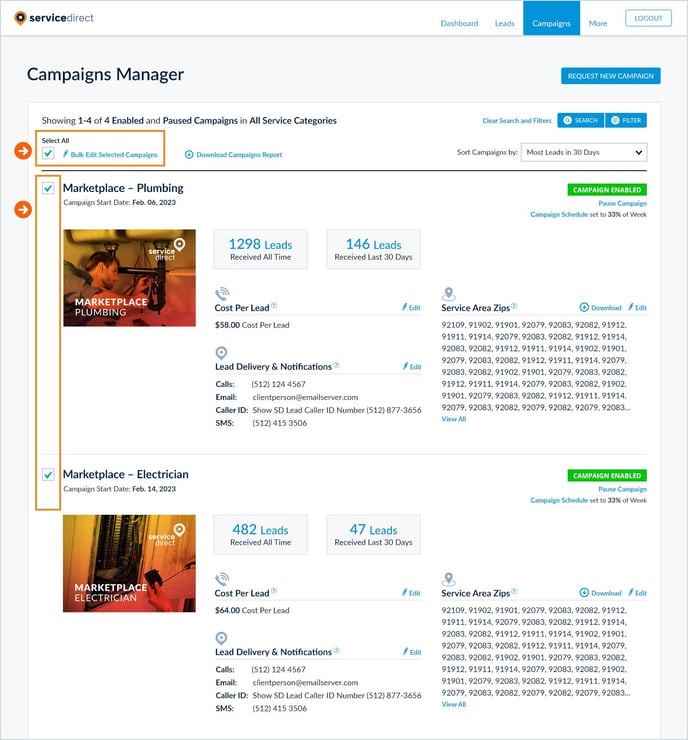 mySD Campaigns Manager Home Services Bulk Edit Select