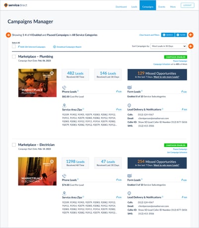 mySD Campaigns Manager Home Services Filter Search Sort