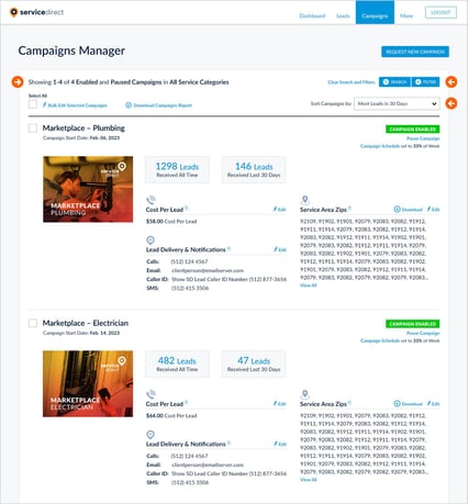 mySD Campaigns Manager Home Services Filter Search Sort