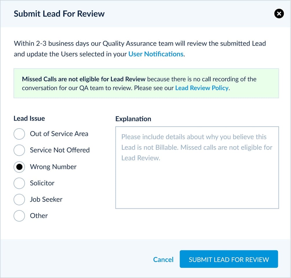 Submitting a Call Lead for Review