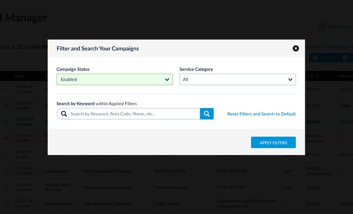 mySD Campaigns Manager Filter Search Popup