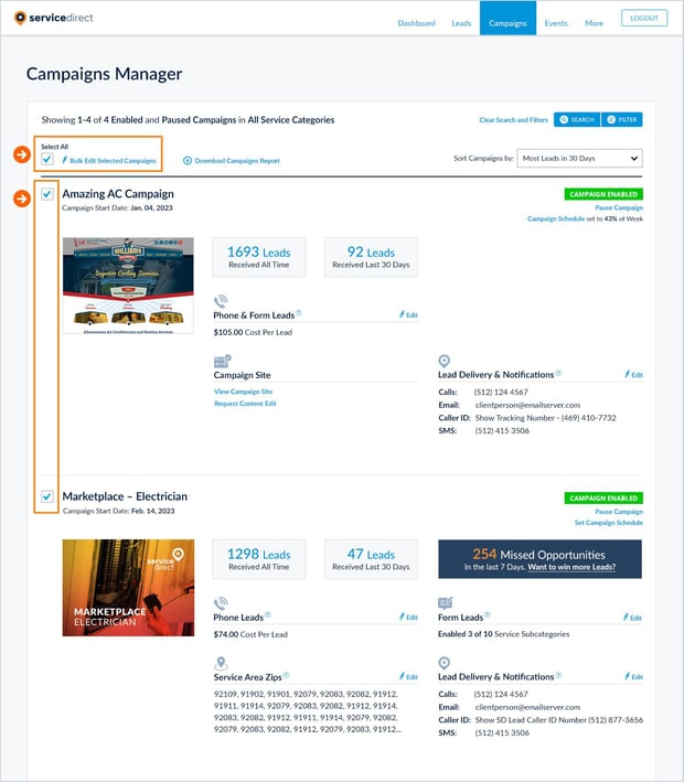 mySD Campaigns Manager Bulk Edit Select